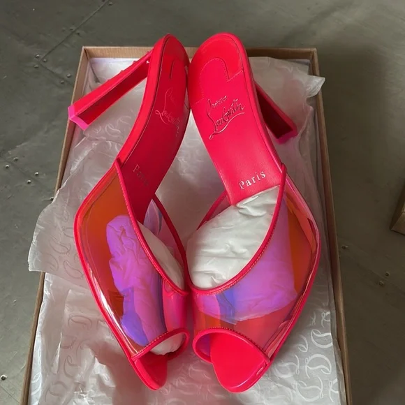 Christian Louboutin condorapik pink fluo neon mule stiletto peep toe sz 37 - Picture 11 of 11